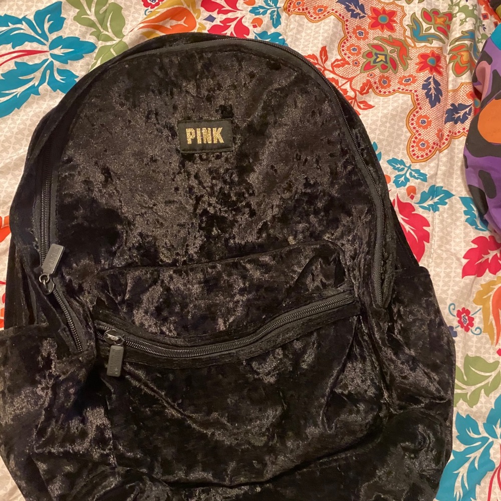 Pink black velvet Bookbag